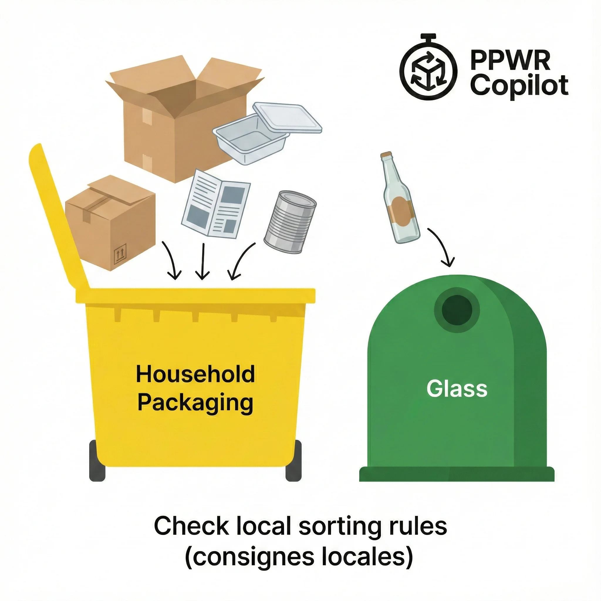 Illustration showing French sorting at a high level: household packaging into the yellow bin and glass into a bottle bank. Check local sorting rules (consignes locales).